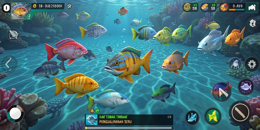 Screenshot gameplay AFAF dengan aksi menangkap ikan yang seru.