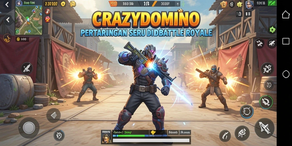 Screenshots gameplay <strong>CRAZYDOMINO</strong> menunjukkan aksi Battle Royale yang mendebarkan.
