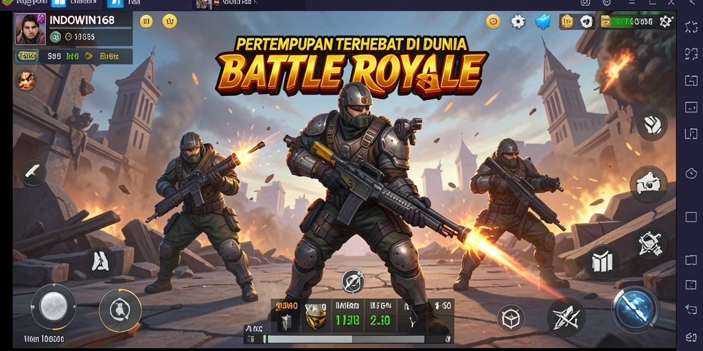 Screenshot gameplay INDOWIN168 yang menunjukkan aksi pertempuran seru di medan Battle Royale.