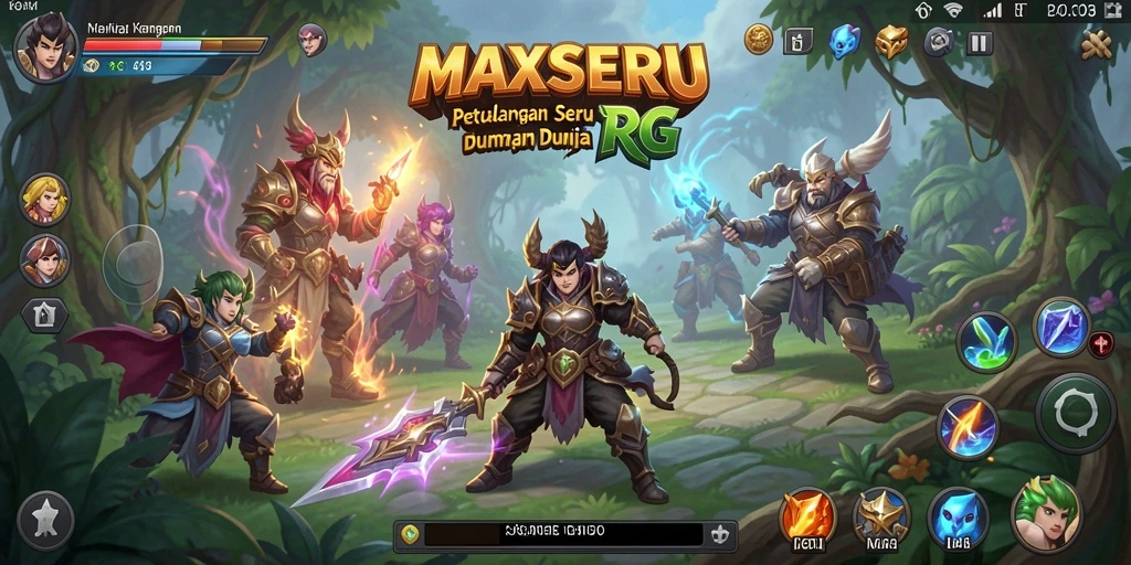 Screenshot gameplay MAXSERU menampilkan karakter bertarung dalam dunia fantasi yang menakjubkan.