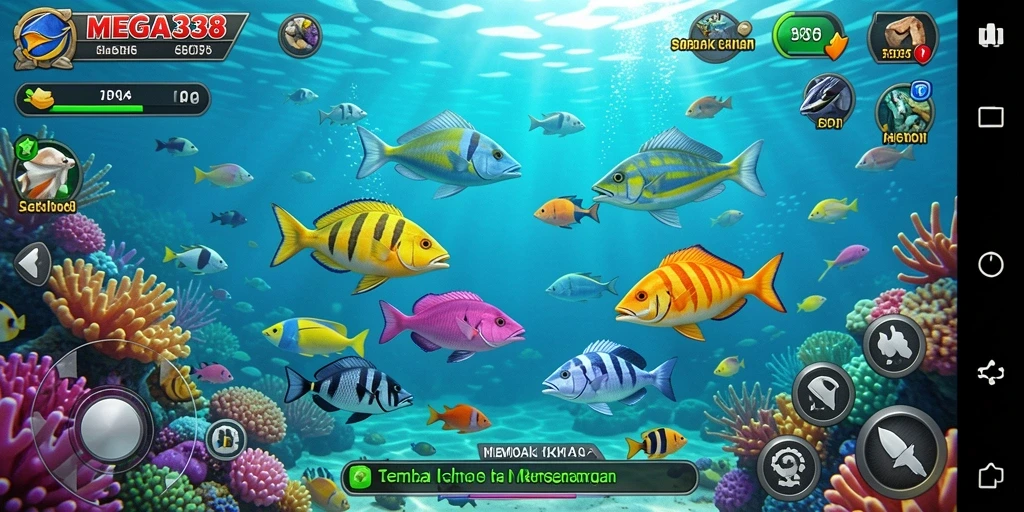 Tampilan gameplay MEGA338 dengan ikan yang berwarna-warni dan menantang.