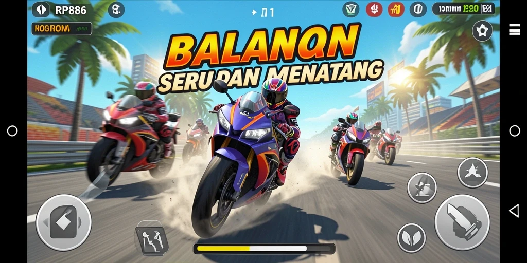 Screenshot menunjukkan balapan motor yang seru dan mendebarkan.