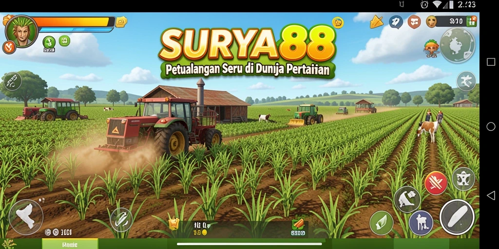 Screenshot gameplay SURYA88 menampilkan suasana ladang yang indah dan interaksi petani.